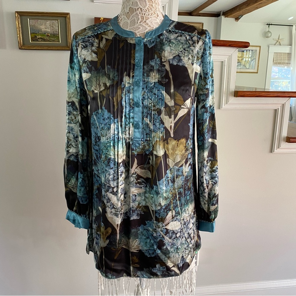 SOFT SURROUNDINGS Blue Flora Silk Hydrangea Print Blouse NWT $140 XS